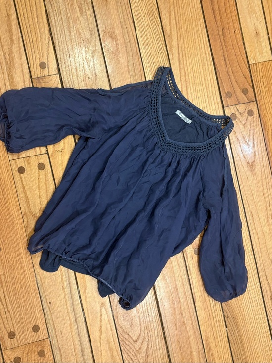 Elena Baldi Tops - Elena Baldi Women’s Crochet-Neck Navy Peasant Silk Blouse